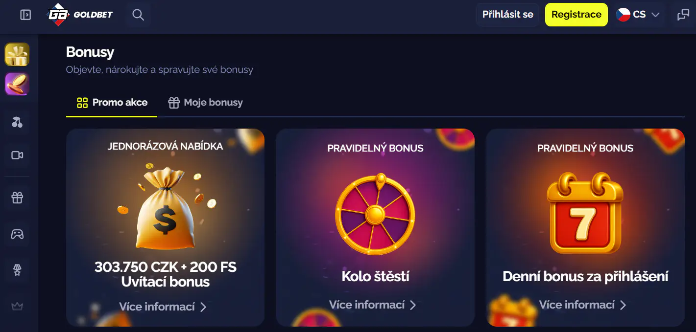 Bonusové centrum Goldbet s přehledem aktivních a dostupných nabídek