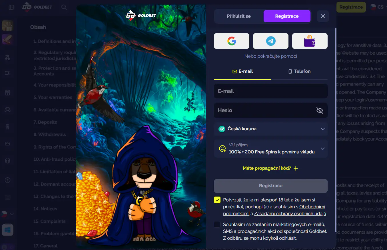 Registrační část Goldbet v českém rozhraní