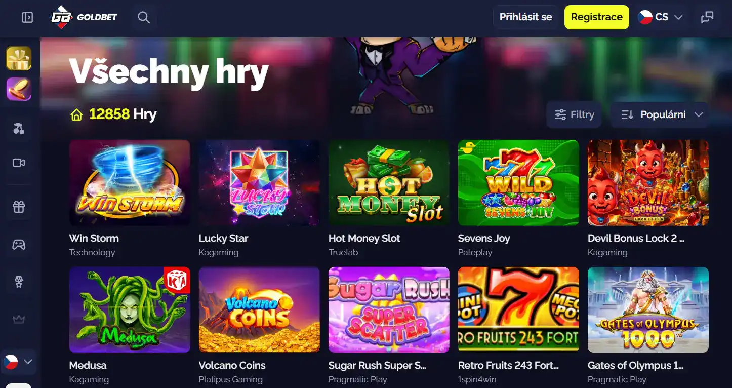 Katalog her Goldbet s kategoriemi automatů, stolních her a živého kasina