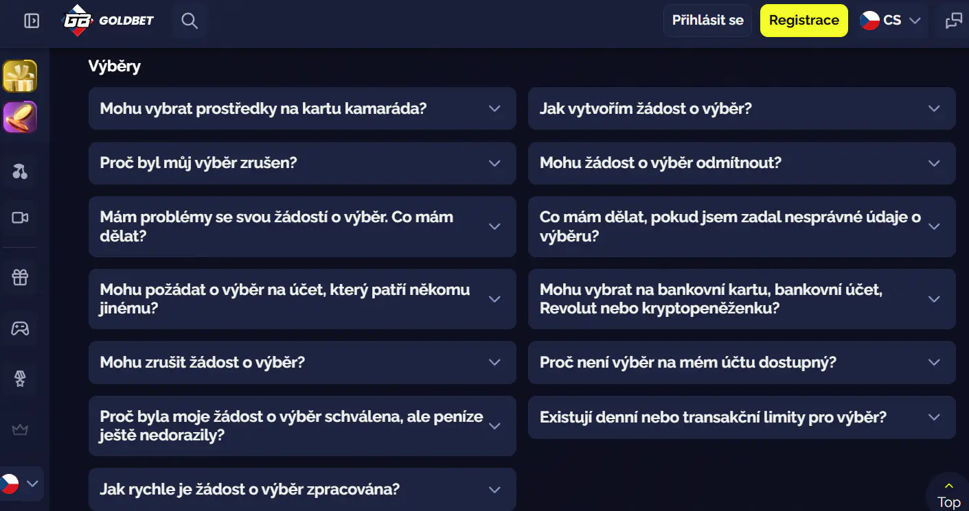 Sekce pro výběr peněz z účtu Goldbet s dostupnými možnostmi výplaty